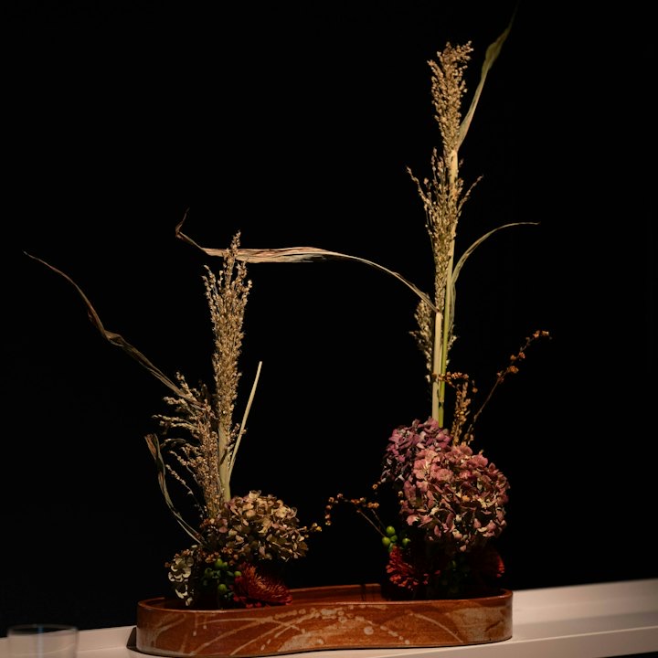 Ikebana of dried grasses on a wooden base